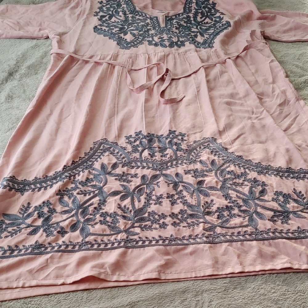 Pink Embroidered Waist-Tie Dress